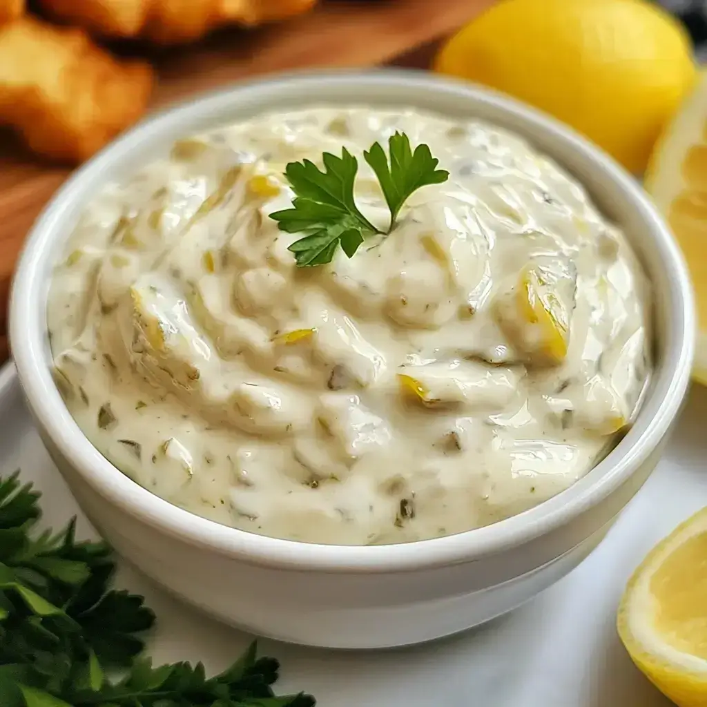 Creamy 3 ingredient tartar sauce in a white bowl with parsley and lemon