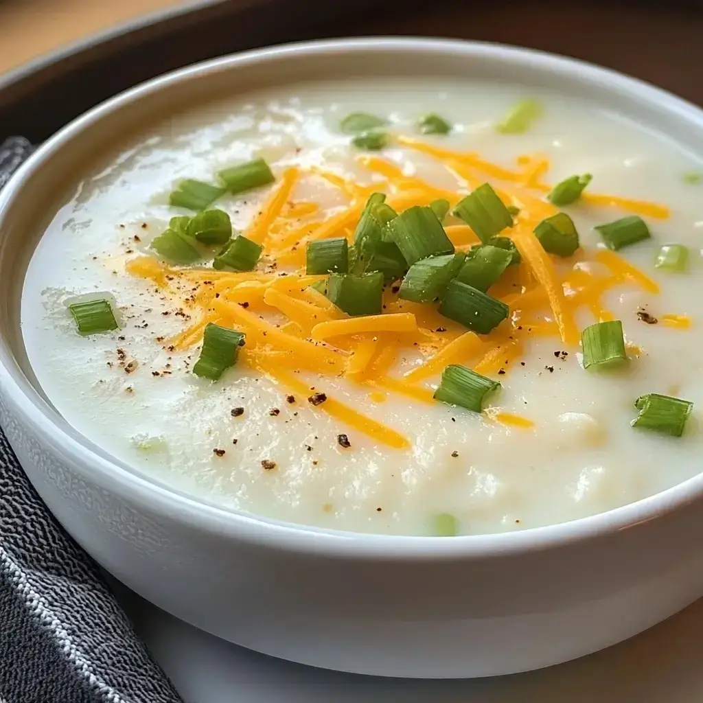4 ingredient potato soup with potatoes, cheese, milk, and green onions